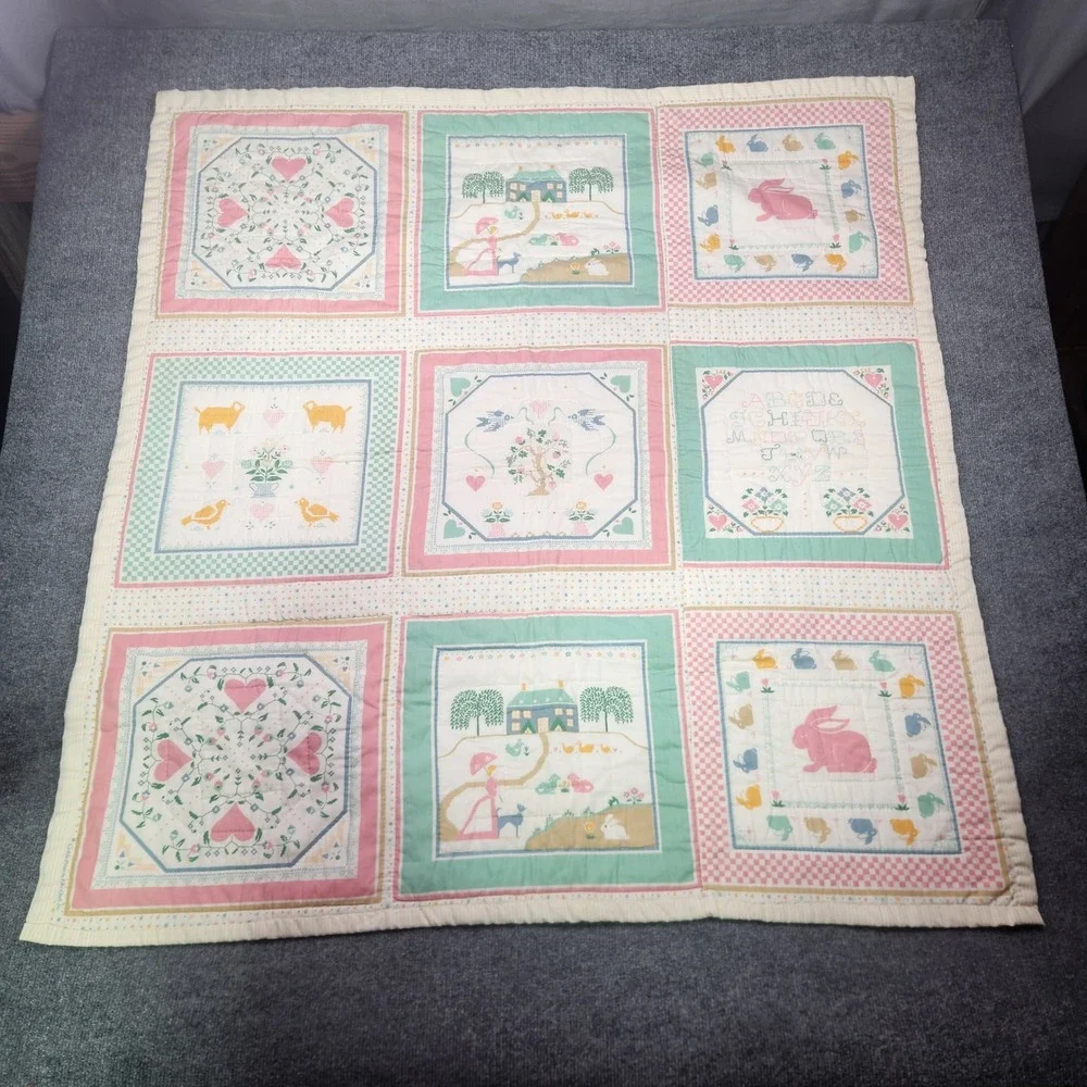 Vintage Cuddle Prints Fabri-Quilt Baby Blanket Pastel Bunny Alphabet Patchwork